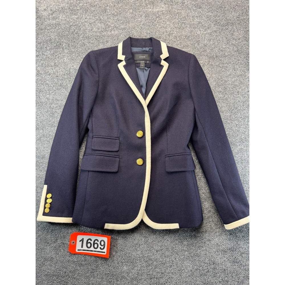 J Crew Hacking Blazer Jacket Womens 0 Navy Blue 100% Wool Gold Button Contrast